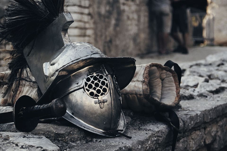 ancient roman gladiator armour viewed on our kids tour of the colosseum.