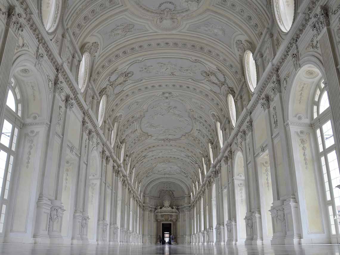 Ornate ceiling and Baroque architecture in the Palace of Venaria, Turin, Italy