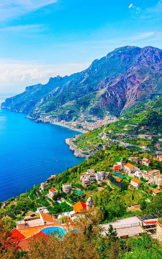 Scenery with mountains and Tyrrhenian sea in Ravello village reflex