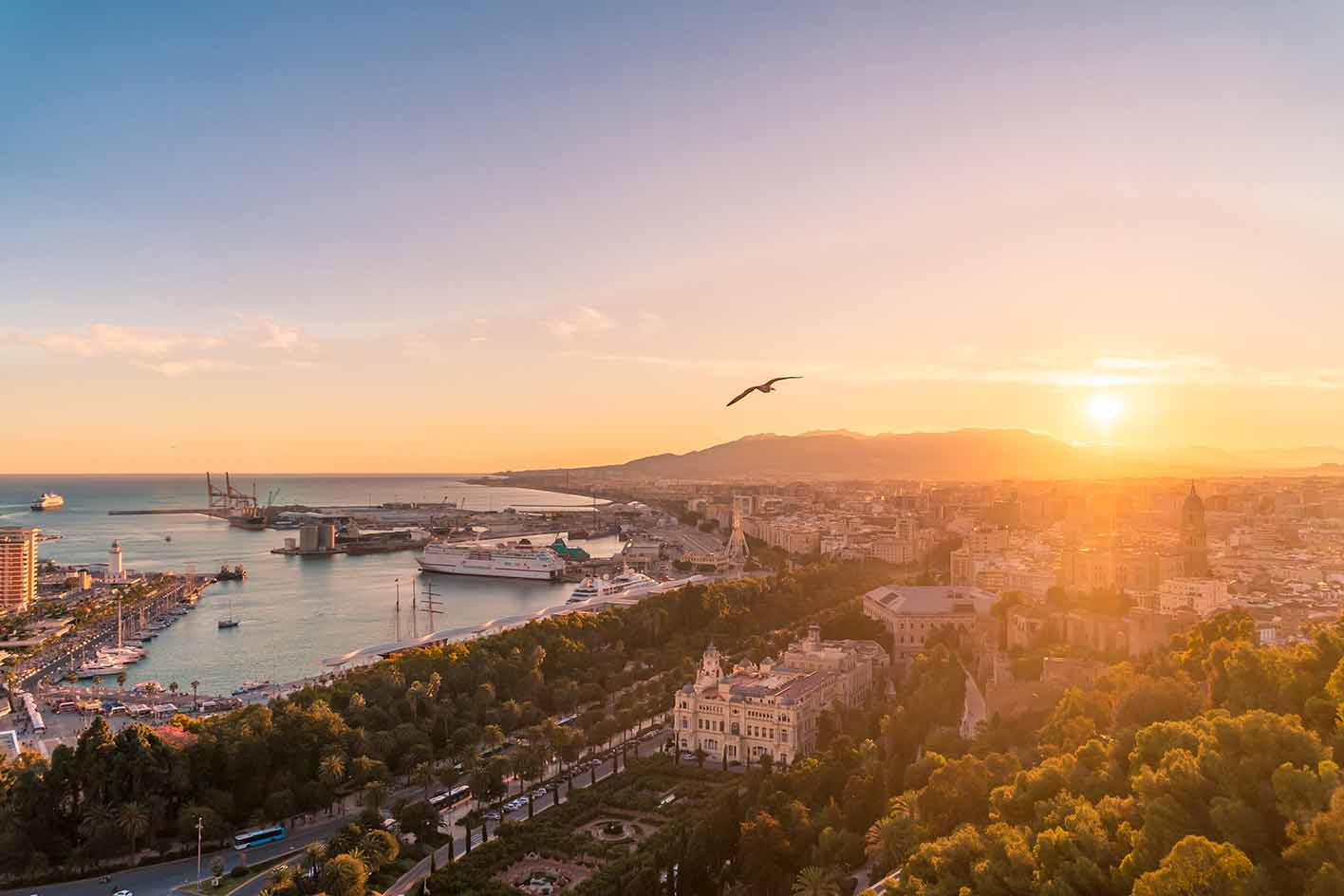 aerial view of sunset over Castillo Gibralfaro, Málaga, Spain