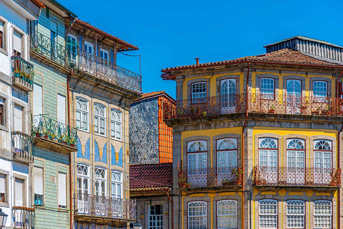 Colorful facades of houses in Guimaraes, Portugal