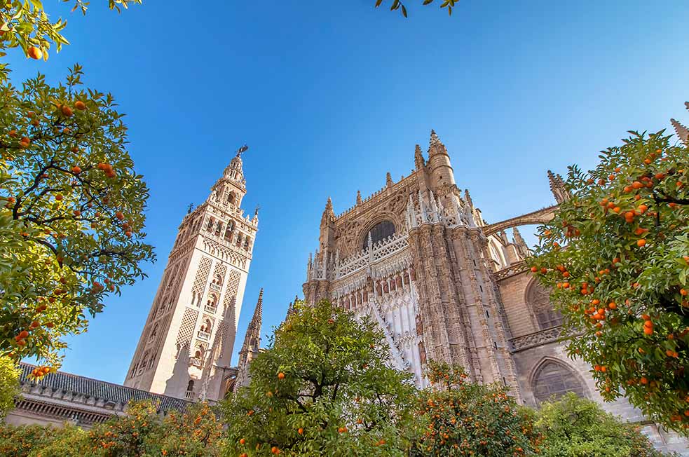 view looking up at spire of Seville Cathedral, Seville