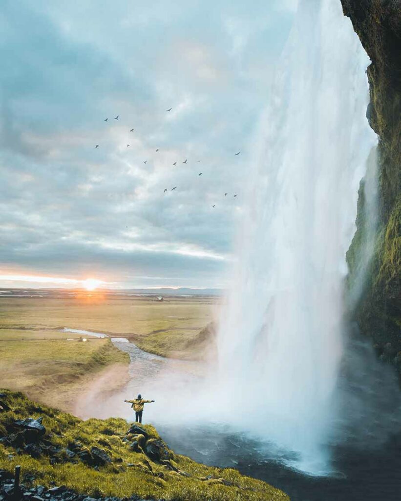 waterfall with sunset in iceland