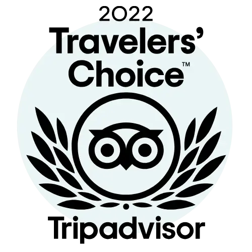 Travelers' Choice award logo from TripAdvisor featuring an owl and laurel wreath, symbolizing excellence in travel services and destinations for 2022.