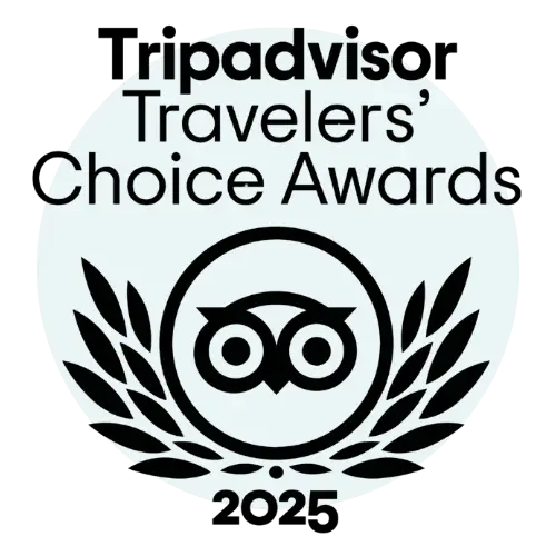 TripAdvisor Travelers' Choice Awards 2025 logo featuring an owl surrounded by laurel wreath in black and white