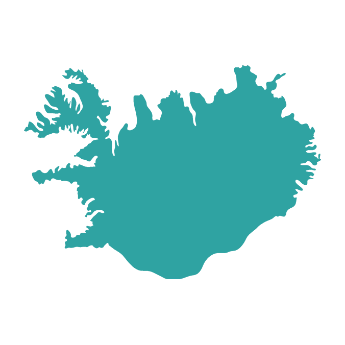 Stylized map of Iceland in shades of blue highlighting major regions and tourist landmarks, perfect for travelers planning their Icelandic adventure.