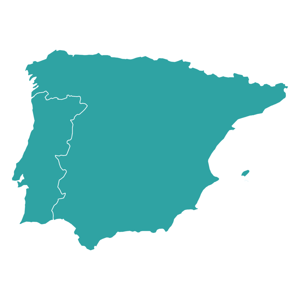 Simplified map of Spain and Portugal in a striking blue color, ideal for educational and touristic purposes.