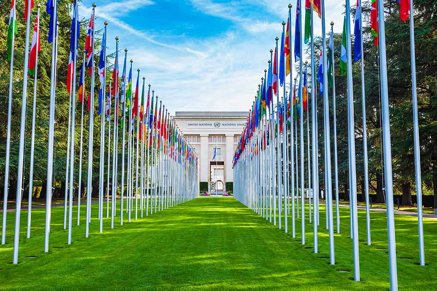 View of the United Nations Headquarters in Geneva, Switzerland, showing a wide, lush green lawn lined with flags of member countries leading to the main entrance of the iconic building.