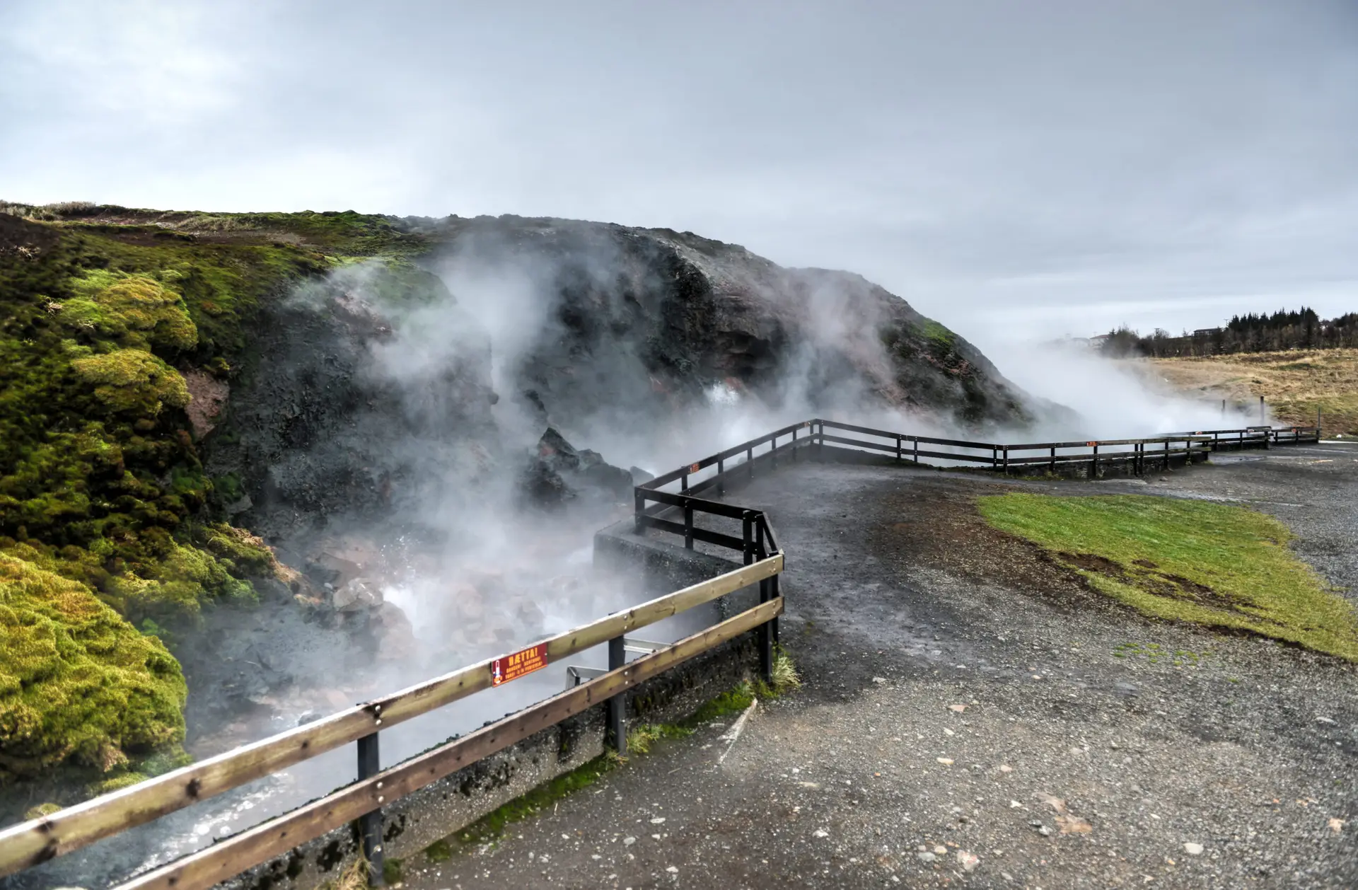 Deildartunguhver, a geothermal hotspring in Reykholtsdalur, Iceland. It has a very high flow rate for a hot spring and water emerges at near boiling. It is the highest-flow hot spring in Europe.